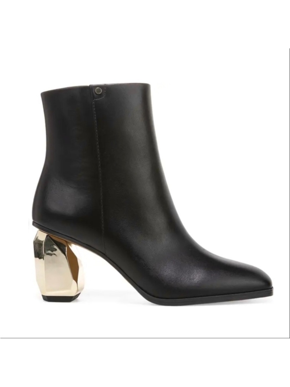 Franco Sarto Leather Gold Geometric Metallic Beveled Block Heel Tiera Booties